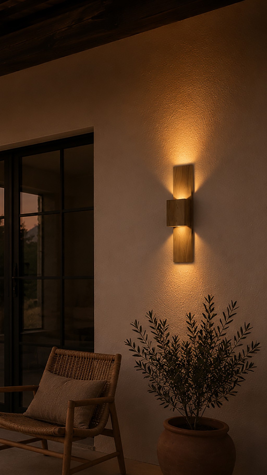 Aplique de madera diseñado por María Rusconi creando luz cálida sobre una pared texturada.