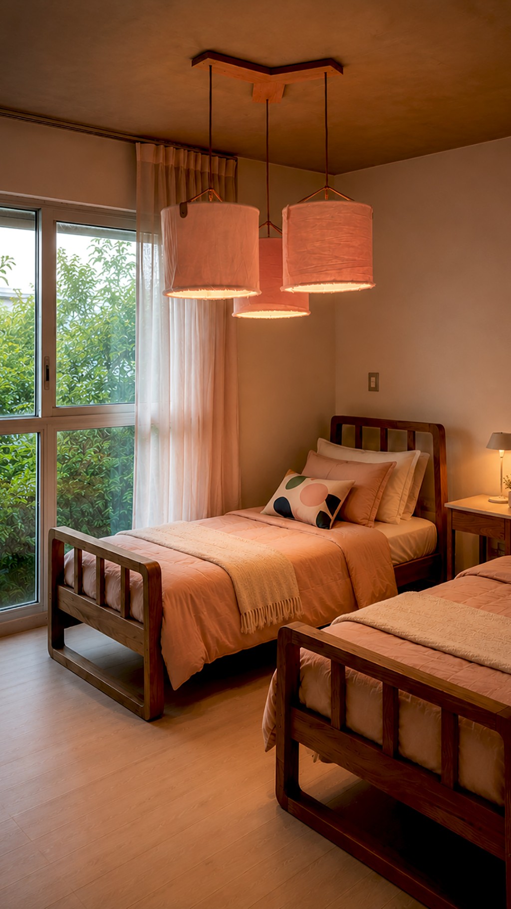 Dormitorio iluminado con colgantes de lino y una lámpara de mesa diseñados por María Rusconi.